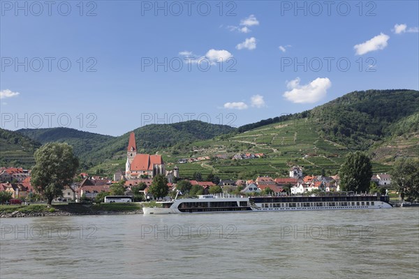 Panoramic view over the Danube to Spitz an der Donau with parish church St. Mauritius