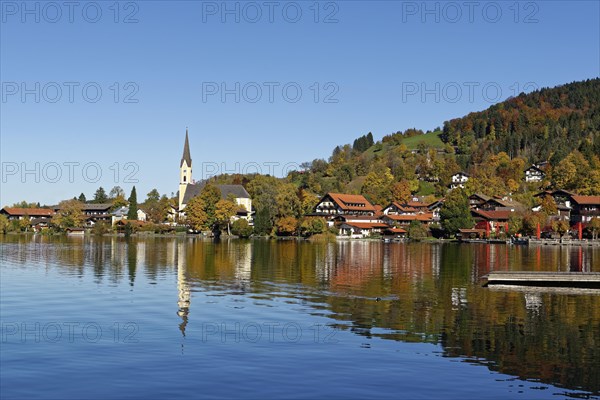 View of Schliersee with parish church St. Sixtus and lake