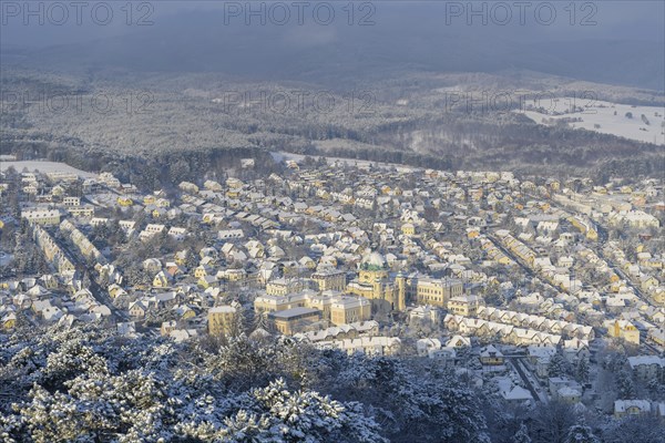 Panoramic view of Berndorf with Margaretenkirche in winter