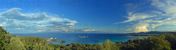 Panorama of the bay of Palombaggia with turquoise blue sea