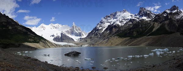 Snowy mountain range with Cerro Torre and Laguna Torre