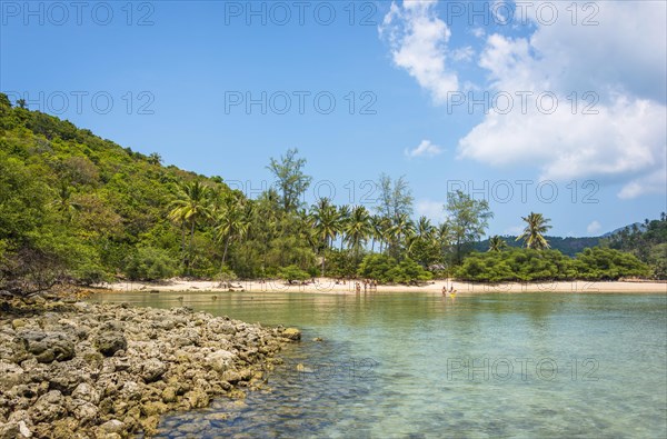 View from Mae Haad Beach to idyllic bay with white sandy beach of the island Ko Ma