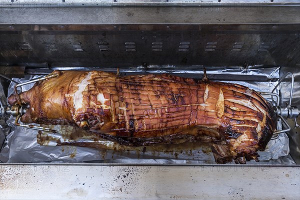 Ready-roasted suckling pig on the grill