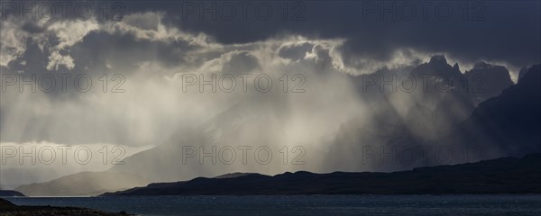 Glacial lake Sarmiento de Gamboa with the Cordillera del Paine mountain group in the evening light