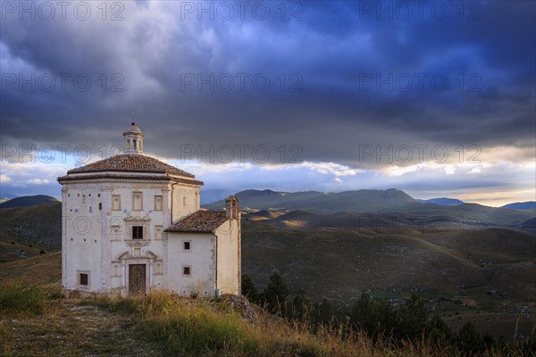 Church Santa Maria della Pieta with mountain massif Gran Sasso