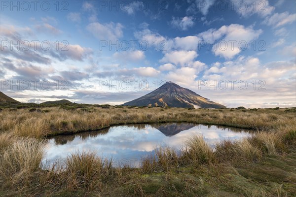 Stratovolcano Mount Taranaki or Mount Egmont reflected in Pouakai Tarn