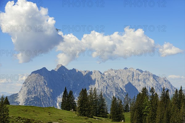 Hang gliders over the Eggenalm with view of the Wilder Kaiser (Tyrol