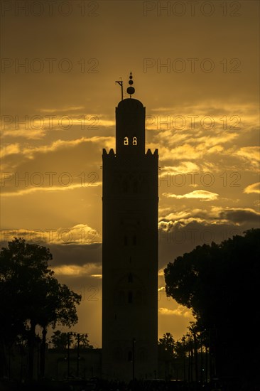 Silhouette of the Minaret of the Koutoubia Mosque at sunset