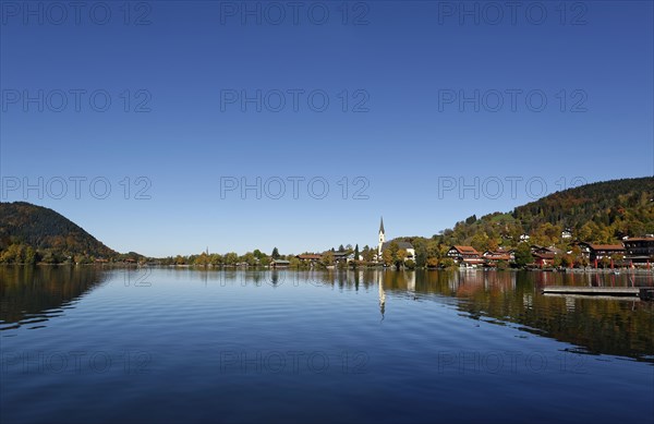 View of Schliersee with parish church St. Sixtus and lake