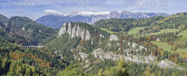 20 Schilling view with Kalte Rinne viaduct Pollereswand Krauselklauseviadukt Rax massif with Heukuppe