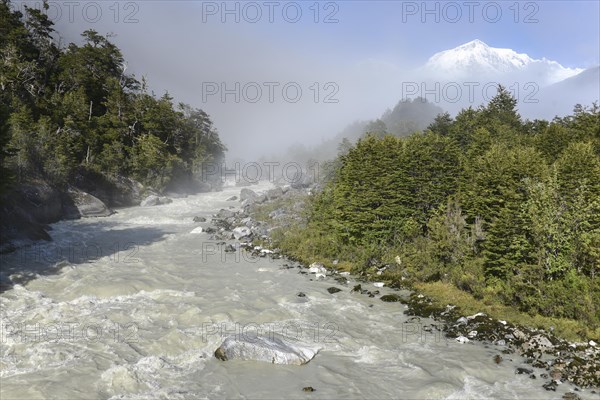 Rio Norte or Rio Exploradores in the fog with glacier San Valentin