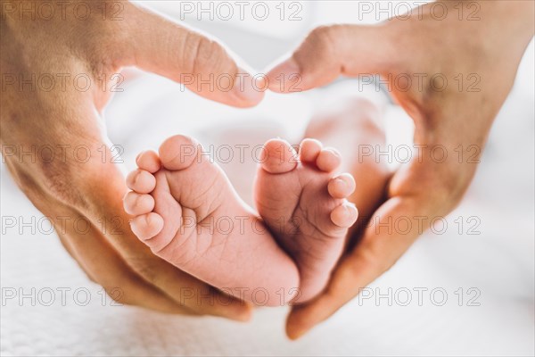 Baby feet in the heart shaped palms of the mother