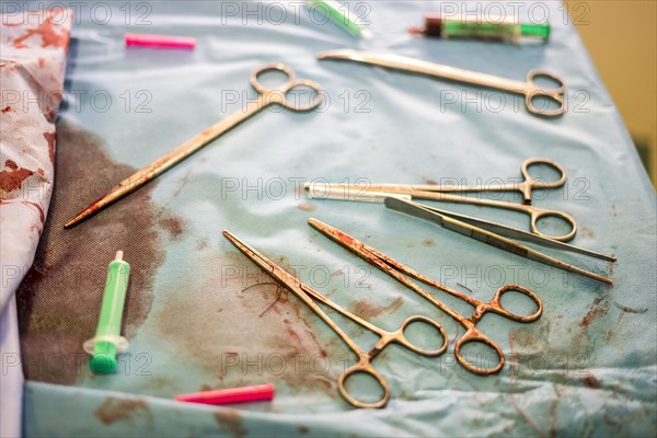 Silver gynecologist tools used during childbirth in the hospital