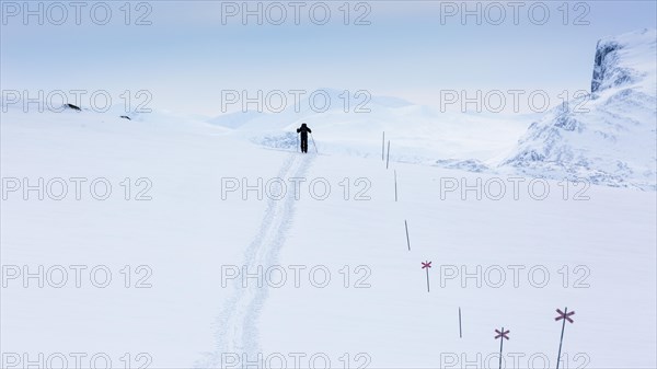 Ski tourer with pulka in the snow