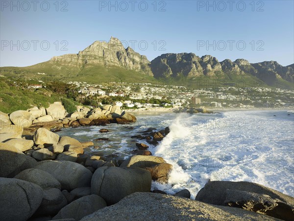 Camps Bay with mountain chain Table Mountain and Twelve Apostles