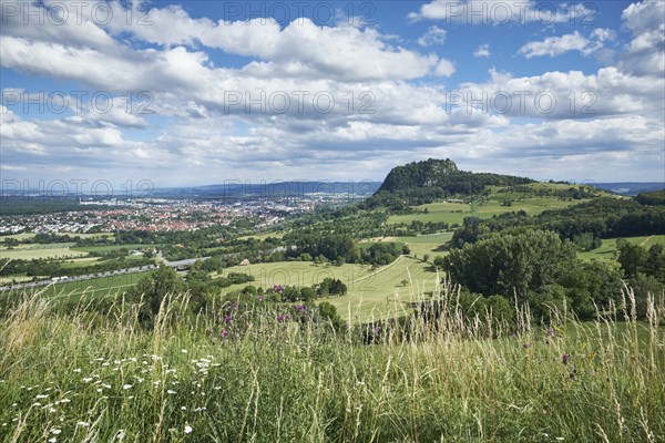 View of the Hegau volcanic landscape with the town of Singen am Hohentwiel