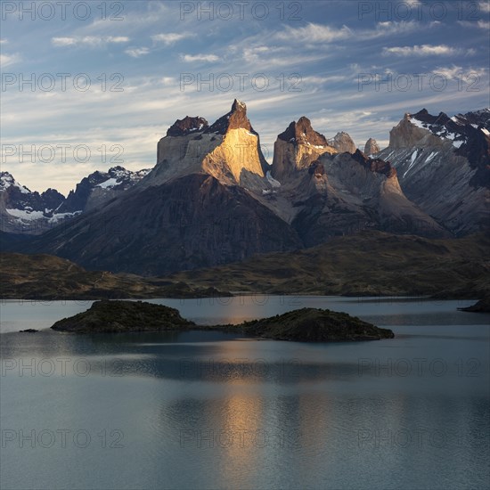 Mountain massif Cuernos del Paine at sunrise