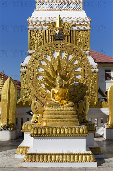 Wheel of Life and Golden Buddha Figure at the Chedi of Wat Mahathat Temple