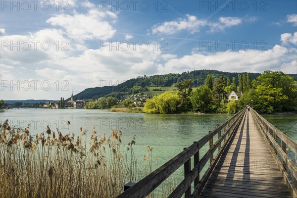 Wooden bridge crossing the Rhine River to the monastery island of Werd