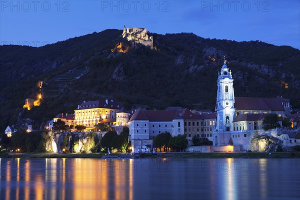 View over the Danube to Durnstein with collegiate church and castle ruin