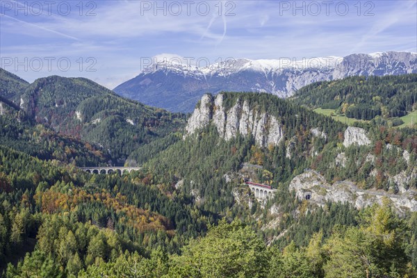 20 Schilling view with Kalte Rinne viaduct Pollereswand Krauselklauseviadukt Rax massif with Heukuppe