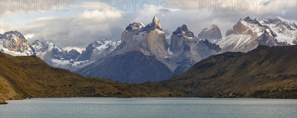 Mountain massif Cuernos del Paine at sunrise