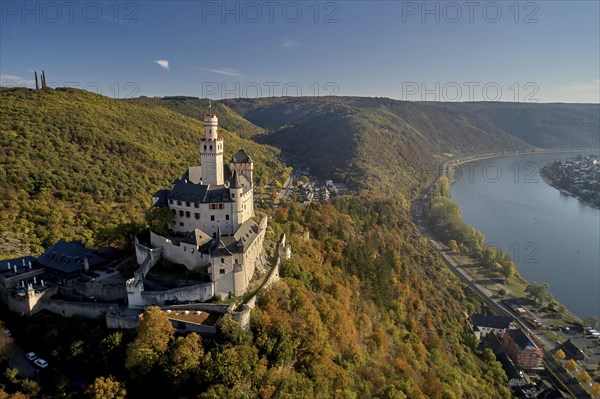 Marksburg Castle in the UNESCO World Cultural Heritage Upper Middle Rhine Valley high above the Rhine near Braubach