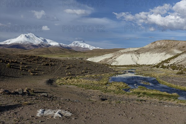 Snow-covered Andean Mountain with mountain river