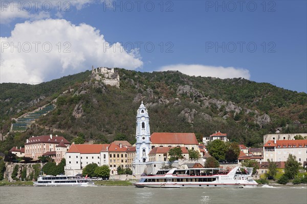 View over the Danube to Durnstein with collegiate church and castle ruin