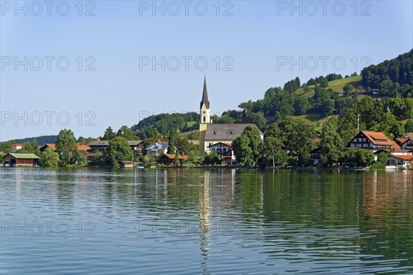 View over the Schliersee lake to the village Schliersee