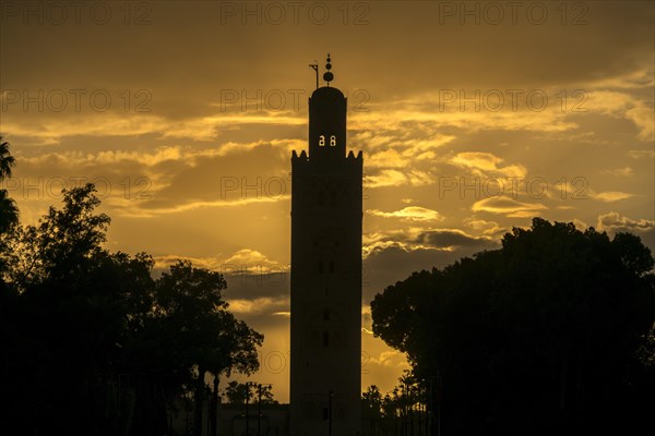 Silhouette of the Minaret of the Koutoubia Mosque at sunset