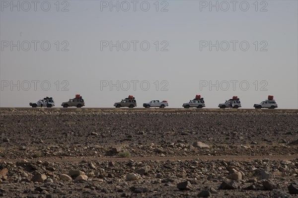 Caravan with cars through the stone desert