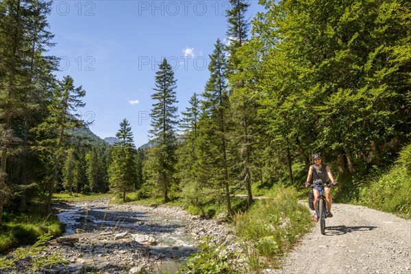Female cyclist on a cycle path along a stream