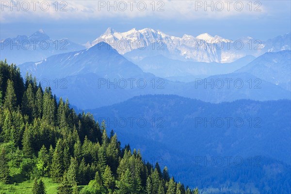 View from Wallberg am Tegernsee into the Karwendel Mountains with Kaltwasserkar