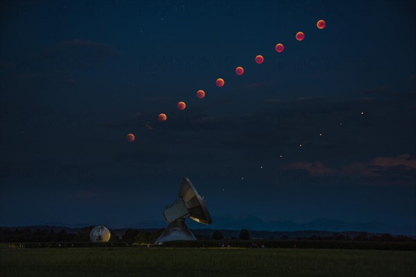 Satellite dish with blood moon and Mars as time lapse