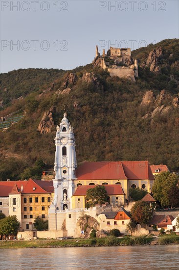 View over the Danube to Durnstein with collegiate church and castle ruin