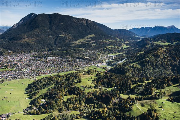 Partenkirchen in front of the Wank with ski jump at Gudiberg