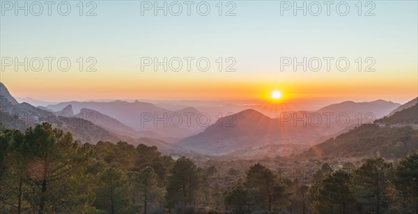 Wooded mountain landscape at sunset