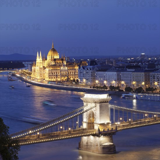 View from the castle hill over the Szechenyi Chain Bridge to the parliament