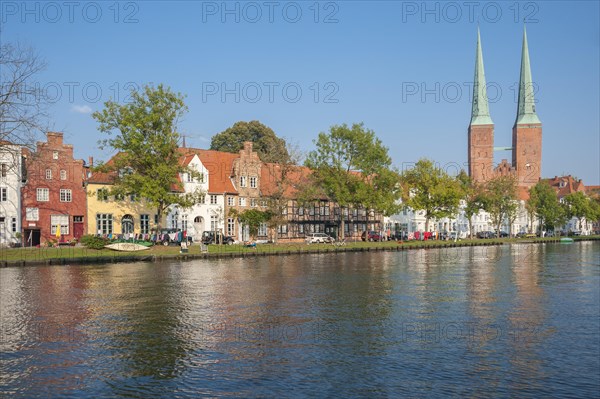 Historical townscape on the river Trave with cathedral