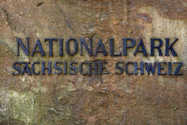 Stone slab at the entrance to the bastion with inscription National Park Saxon Switzerland