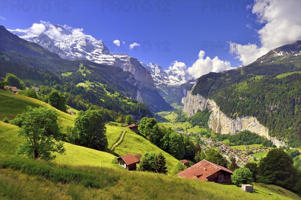 View from Wengen to Lauterbrunnen Valley and Bernese Alps with Mount Jungfrau