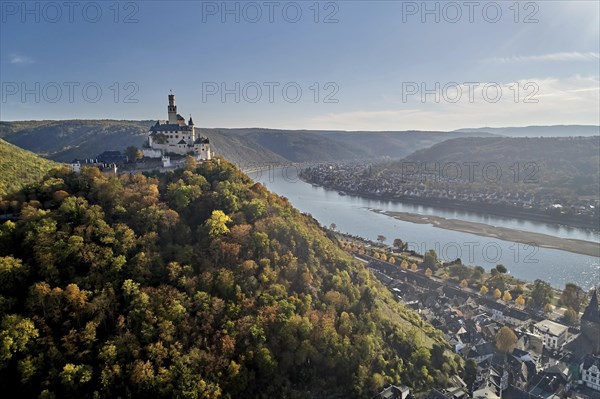 Marksburg Castle in the UNESCO World Cultural Heritage Upper Middle Rhine Valley high above the Rhine near Braubach