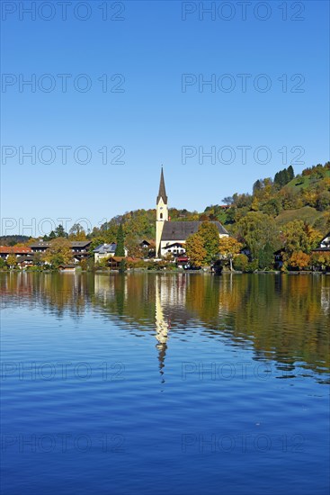 View of Schliersee with parish church St. Sixtus and lake