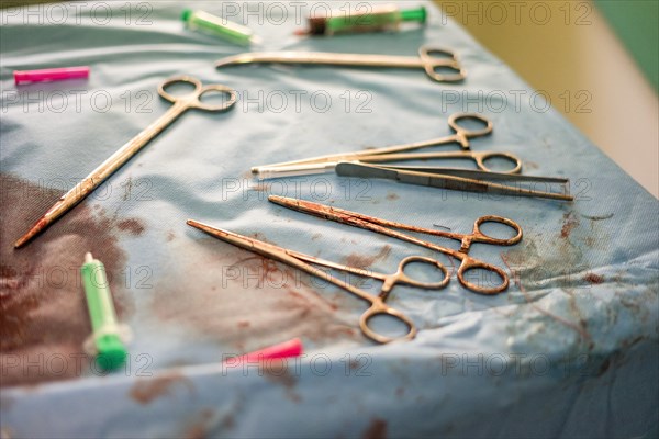 Silver gynecologist tools used during childbirth in the hospital