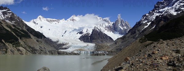 Snowy mountain range with Cerro Torre and Laguna Torre