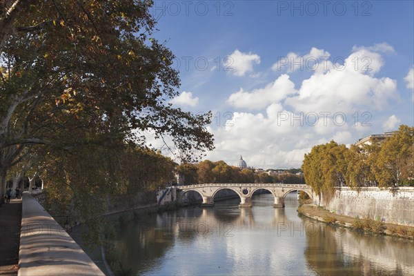 View over the Tiber to Ponte Garibaldi Bridge and St. Peter's Basilica