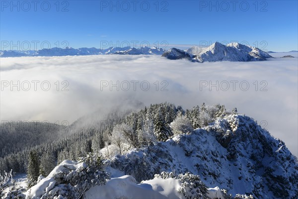 View from Jochberg near Kochel am See to the Wetterstein range with Zugspitze