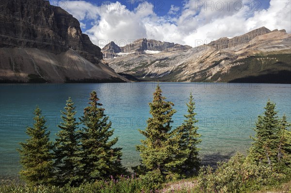 Bow Lake in front of mountain scenery