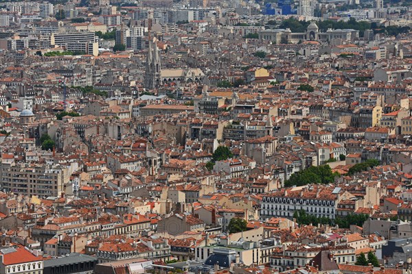 View from Notre-Dame de la Garde over the city with the church Saint-Vincent de Paul, Marseille